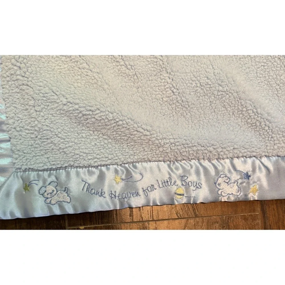 Just Born Blue Baby Reversible Blanket Puppy Dog Embroidered Satin‎ Trim 30 x 40